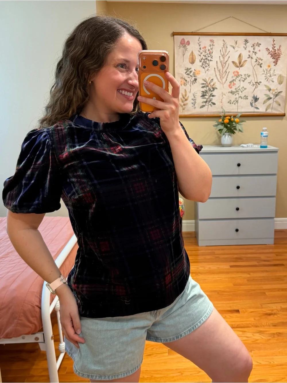 NWT Boden Velvet Plaid Short Sleeve Top - Navy/Deep Burgundy 8